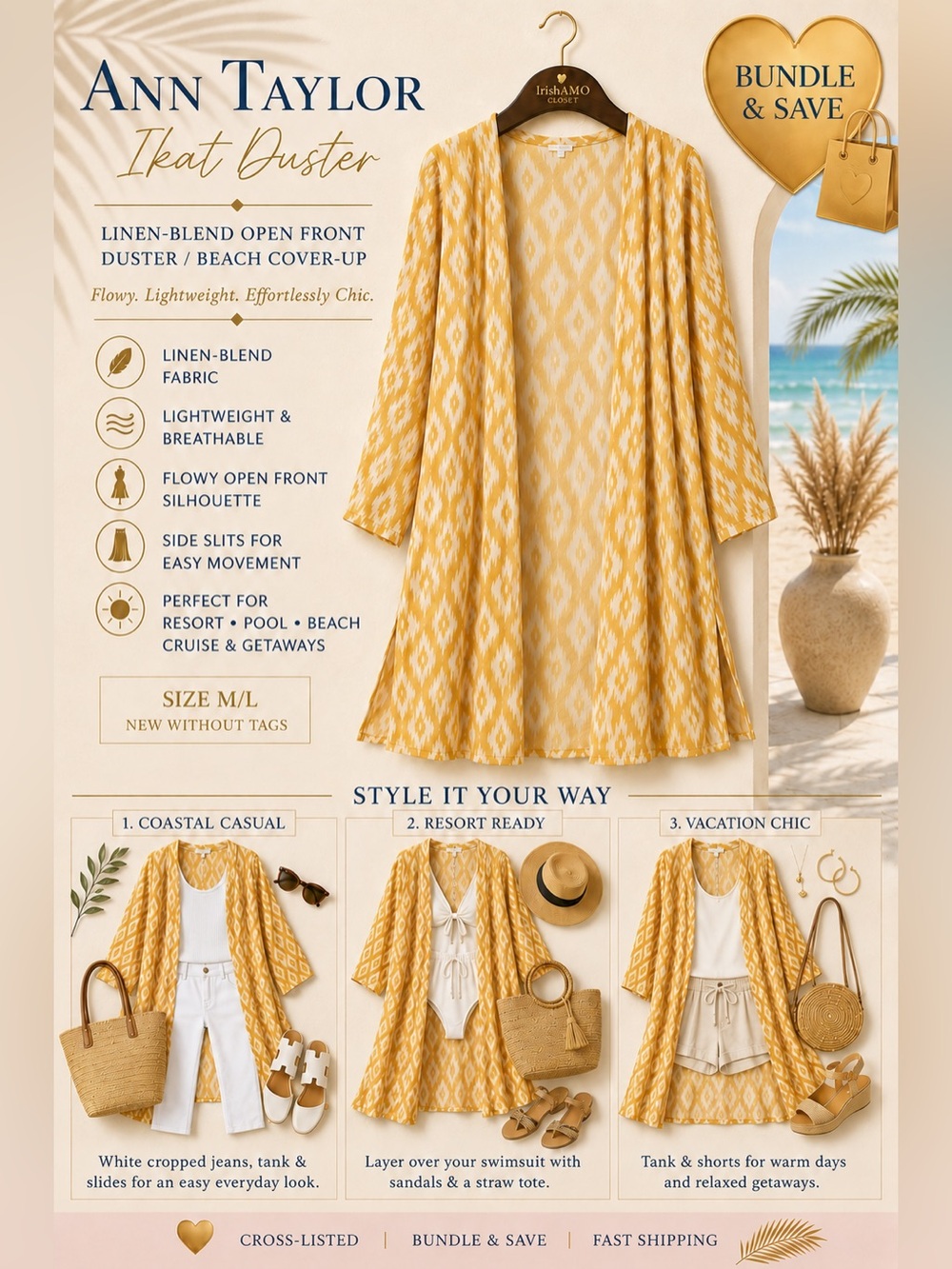 Ann Taylor Yellow Ikat Linen-Blend Duster Cover-Up | M/L | NWOT